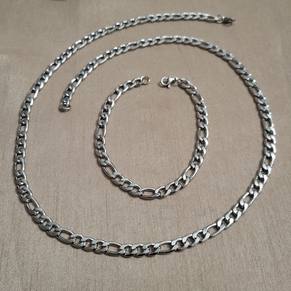 Men's silver stainless steel figaro chain necklace and bracelet set 6mm thick
